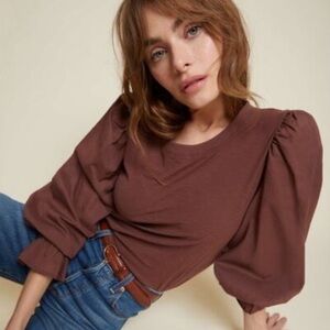 Nation LTD "Carly" Pinot Noir 100% Pima Cotton Volume Sleeve Mixed Media Top